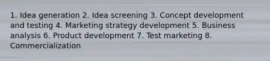 1. Idea generation 2. Idea screening 3. Concept development and testing 4. Marketing strategy development 5. Business analysis 6. Product development 7. Test marketing 8. Commercialization