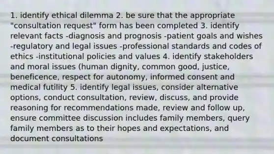 1. identify ethical dilemma 2. be sure that the appropriate "consultation request" form has been completed 3. identify relevant facts -diagnosis and prognosis -patient goals and wishes -regulatory and legal issues -professional standards and codes of ethics -institutional policies and values 4. identify stakeholders and moral issues (human dignity, common good, justice, beneficence, respect for autonomy, informed consent and medical futility 5. identify legal issues, consider alternative options, conduct consultation, review, discuss, and provide reasoning for recommendations made, review and follow up, ensure committee discussion includes family members, query family members as to their hopes and expectations, and document consultations