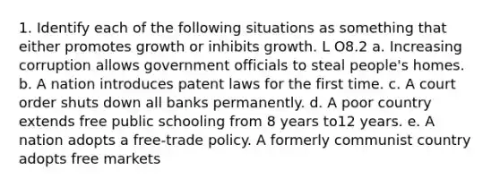 1. Identify each of the following situations as something that either promotes growth or inhibits growth. L O8.2 a. Increasing corruption allows government officials to steal people's homes. b. A nation introduces patent laws for the first time. c. A court order shuts down all banks permanently. d. A poor country extends free public schooling from 8 years to12 years. e. A nation adopts a free-trade policy. A formerly communist country adopts free markets