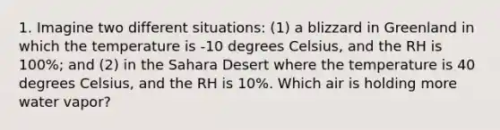 1. Imagine two different situations: (1) a blizzard in Greenland in which the temperature is -10 degrees Celsius, and the RH is 100%; and (2) in the Sahara Desert where the temperature is 40 degrees Celsius, and the RH is 10%. Which air is holding more water vapor?