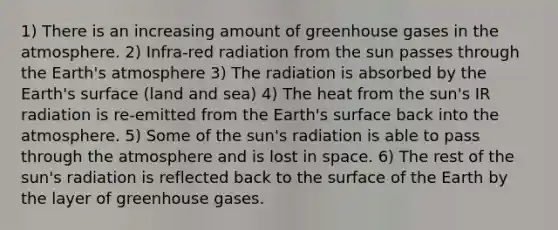 1) There is an increasing amount of greenhouse gases in the atmosphere. 2) Infra-red radiation from the sun passes through the Earth's atmosphere 3) The radiation is absorbed by the Earth's surface (land and sea) 4) The heat from the sun's IR radiation is re-emitted from the Earth's surface back into the atmosphere. 5) Some of the sun's radiation is able to pass through the atmosphere and is lost in space. 6) The rest of the sun's radiation is reflected back to the surface of the Earth by the layer of greenhouse gases.