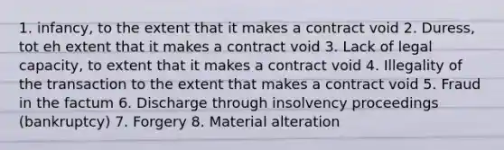 1. infancy, to the extent that it makes a contract void 2. Duress, tot eh extent that it makes a contract void 3. Lack of legal capacity, to extent that it makes a contract void 4. Illegality of the transaction to the extent that makes a contract void 5. Fraud in the factum 6. Discharge through insolvency proceedings (bankruptcy) 7. Forgery 8. Material alteration