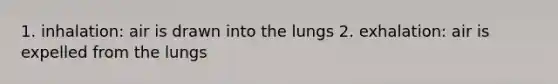 1. inhalation: air is drawn into the lungs 2. exhalation: air is expelled from the lungs