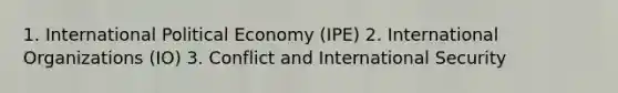 1. International Political Economy (IPE) 2. International Organizations (IO) 3. Conflict and International Security