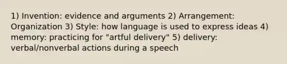 1) Invention: evidence and arguments 2) Arrangement: Organization 3) Style: how language is used to express ideas 4) memory: practicing for "artful delivery" 5) delivery: verbal/nonverbal actions during a speech