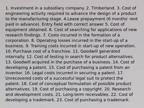 1. Investment in a subsidiary company. 2. Timberland. 3. Cost of engineering activity required to advance the design of a product to the manufacturing stage. 4.Lease prepayment (6 months' rent paid in advance). Entry field with correct answer 5. Cost of equipment obtained. 6. Cost of searching for applications of new research findings. 7. Costs incurred in the formation of a corporation. 8. Operating losses incurred in the start-up of a business. 9. Training costs incurred in start-up of new operation. 10. Purchase cost of a franchise. 11. Goodwill generated internally. 12. Cost of testing in search for product alternatives. 13. Goodwill acquired in the purchase of a business. 14. Cost of developing a patent. 15. Cost of purchasing a patent from an inventor. 16. Legal costs incurred in securing a patent. 17. Unrecovered costs of a successful legal suit to protect the patent. 18. Cost of conceptual formulation of possible product alternatives. 19. Cost of purchasing a copyright. 20. Research and development costs. 21. Long-term receivables. 22. Cost of developing a trademark. 23. Cost of purchasing a trademark.