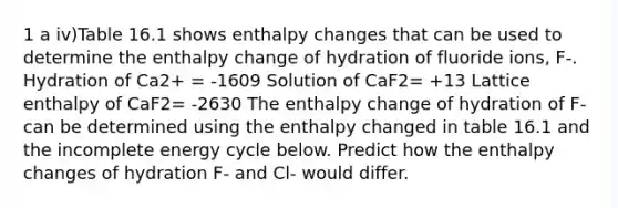 1 a iv)Table 16.1 shows enthalpy changes that can be used to determine the enthalpy change of hydration of fluoride ions, F-. Hydration of Ca2+ = -1609 Solution of CaF2= +13 Lattice enthalpy of CaF2= -2630 The enthalpy change of hydration of F- can be determined using the enthalpy changed in table 16.1 and the incomplete energy cycle below. Predict how the enthalpy changes of hydration F- and Cl- would differ.