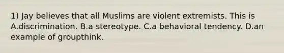 1) Jay believes that all Muslims are violent extremists. This is A.discrimination. B.a stereotype. C.a behavioral tendency. D.an example of groupthink.