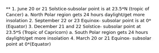 ** 1. June 20 or 21 Solstice-subsolar point is at 23.5*N (tropic of Cancer) a. North Polar region gets 24 hours daylight/get more insolation 2. September 22 or 23 Equinox- subsolar point is at 0* (Equator) 3. December 21 and 22 Solstice- subsolar point at 23.5*S (Tropic of Capricorn) a. South Polar region gets 24 hours daylight/get more insolation 4. March 20 or 21 Equinox- subsolar point at 0*(Equator)