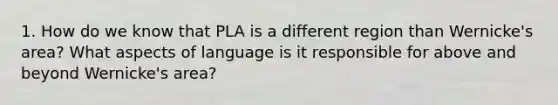 1. How do we know that PLA is a different region than Wernicke's area? What aspects of language is it responsible for above and beyond Wernicke's area?