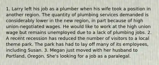 1. Larry left his job as a plumber when his wife took a position in another region. The quantity of plumbing services demanded is considerably lower in the new region, in part because of high union-negotiated wages. He would like to work at the high union wage but remains unemployed due to a lack of plumbing jobs. 2. A recent recession has reduced the number of visitors to a local theme park. The park has had to lay off many of its employees, including Susan. 3. Megan just moved with her husband to Portland, Oregon. She's looking for a job as a paralegal.