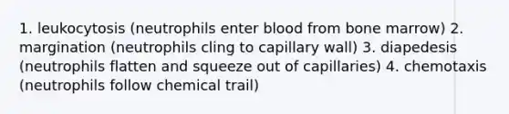 1. leukocytosis (neutrophils enter blood from bone marrow) 2. margination (neutrophils cling to capillary wall) 3. diapedesis (neutrophils flatten and squeeze out of capillaries) 4. chemotaxis (neutrophils follow chemical trail)