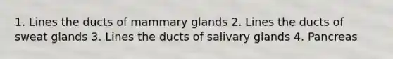 1. Lines the ducts of mammary glands 2. Lines the ducts of sweat glands 3. Lines the ducts of salivary glands 4. Pancreas