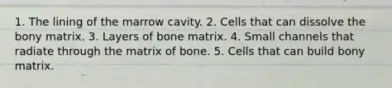 1. The lining of the marrow cavity. 2. Cells that can dissolve the bony matrix. 3. Layers of bone matrix. 4. Small channels that radiate through the matrix of bone. 5. Cells that can build bony matrix.