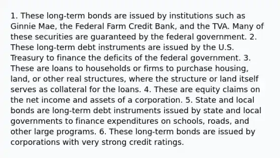 1. These​ long-term bonds are issued by institutions such as Ginnie​ Mae, the Federal Farm Credit​ Bank, and the TVA. Many of these securities are guaranteed by the federal government. 2. These​ long-term debt instruments are issued by the U.S. Treasury to finance the deficits of the federal government. 3. These are loans to households or firms to purchase​ housing, land, or other real​ structures, where the structure or land itself serves as collateral for the loans. 4. These are equity claims on the net income and assets of a corporation. 5. State and local bonds are​ long-term debt instruments issued by state and local governments to finance expenditures on​ schools, roads, and other large programs. 6. These​ long-term bonds are issued by corporations with very strong credit ratings.