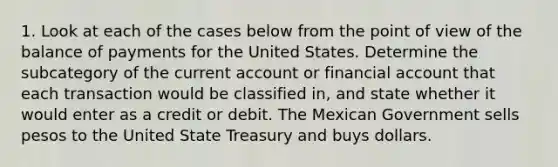 1. Look at each of the cases below from the point of view of the balance of payments for the United States. Determine the subcategory of the current account or financial account that each transaction would be classified in, and state whether it would enter as a credit or debit. The Mexican Government sells pesos to the United State Treasury and buys dollars.