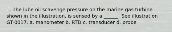 1. The lube oil scavenge pressure on the marine gas turbine shown in the illustration, is sensed by a ______. See illustration GT-0017. a. manometer b. RTD c. transducer d. probe