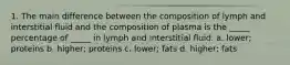 1. The main difference between the composition of lymph and interstitial fluid and the composition of plasma is the _____ percentage of _____ in lymph and interstitial fluid. a. lower; proteins b. higher; proteins c. lower; fats d. higher; fats