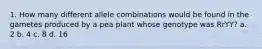 1. How many different allele combinations would be found in the gametes produced by a pea plant whose genotype was RrYY? a. 2 b. 4 c. 8 d. 16