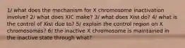 1/ what does the mechanism for X chromosome inactivation involve? 2/ what does XIC make? 3/ what does Xist do? 4/ what is the control of Xist due to? 5/ explain the control region on X chromosomes? 6/ the inactive X chromosome is maintained in the inactive state through what?