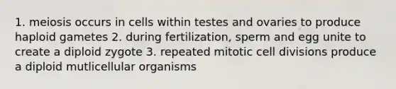 1. meiosis occurs in cells within testes and ovaries to produce haploid gametes 2. during fertilization, sperm and egg unite to create a diploid zygote 3. repeated mitotic cell divisions produce a diploid mutlicellular organisms