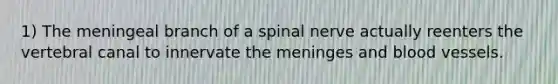 1) The meningeal branch of a spinal nerve actually reenters the vertebral canal to innervate <a href='https://www.questionai.com/knowledge/k36SqhoPCV-the-meninges' class='anchor-knowledge'>the meninges</a> and <a href='https://www.questionai.com/knowledge/kZJ3mNKN7P-blood-vessels' class='anchor-knowledge'>blood vessels</a>.