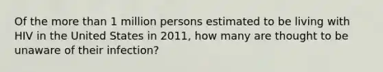 Of the more than 1 million persons estimated to be living with HIV in the United States in 2011, how many are thought to be unaware of their infection?