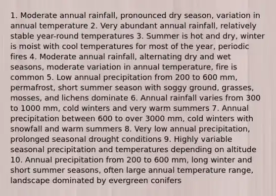 1. Moderate annual rainfall, pronounced dry season, variation in annual temperature 2. Very abundant annual rainfall, relatively stable year-round temperatures 3. Summer is hot and dry, winter is moist with cool temperatures for most of the year, periodic fires 4. Moderate annual rainfall, alternating dry and wet seasons, moderate variation in annual temperature, fire is common 5. Low annual precipitation from 200 to 600 mm, permafrost, short summer season with soggy ground, grasses, mosses, and lichens dominate 6. Annual rainfall varies from 300 to 1000 mm, cold winters and very warm summers 7. Annual precipitation between 600 to over 3000 mm, cold winters with snowfall and warm summers 8. Very low annual precipitation, prolonged seasonal drought conditions 9. Highly variable seasonal precipitation and temperatures depending on altitude 10. Annual precipitation from 200 to 600 mm, long winter and short summer seasons, often large annual temperature range, landscape dominated by evergreen conifers