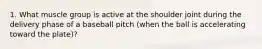 1. What muscle group is active at the shoulder joint during the delivery phase of a baseball pitch (when the ball is accelerating toward the plate)?