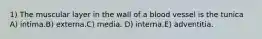 1) The muscular layer in the wall of a blood vessel is the tunica A) intima.B) externa.C) media. D) interna.E) adventitia.