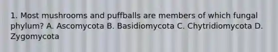 1. Most mushrooms and puffballs are members of which fungal phylum? A. Ascomycota B. Basidiomycota C. Chytridiomycota D. Zygomycota