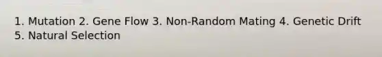 1. Mutation 2. Gene Flow 3. Non-Random Mating 4. Genetic Drift 5. Natural Selection