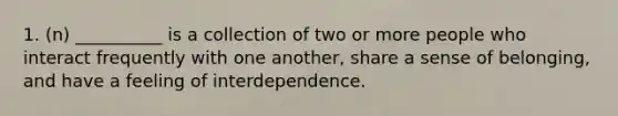 1. (n) __________ is a collection of two or more people who interact frequently with one another, share a sense of belonging, and have a feeling of interdependence.