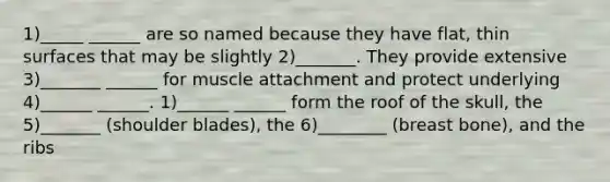 1)_____ ______ are so named because they have flat, thin surfaces that may be slightly 2)_______. They provide extensive 3)_______ ______ for muscle attachment and protect underlying 4)______ ______. 1)______ ______ form the roof of the skull, the 5)_______ (shoulder blades), the 6)________ (breast bone), and the ribs