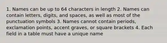 1. Names can be up to 64 characters in length 2. Names can contain letters, digits, and spaces, as well as most of the punctuation symbols 3. Names cannot contain periods, exclamation points, accent graves, or square brackets 4. Each field in a table must have a unique name