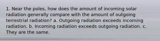 1. Near the poles, how does the amount of incoming <a href='https://www.questionai.com/knowledge/kr1ksgm4Kk-solar-radiation' class='anchor-knowledge'>solar radiation</a> generally compare with the amount of outgoing terrestrial radiation? a. Outgoing radiation exceeds incoming radiation. b. Incoming radiation exceeds outgoing radiation. c. They are the same.