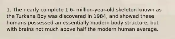 1. The nearly complete 1.6- million-year-old skeleton known as the Turkana Boy was discovered in 1984, and showed these humans possessed an essentially modern body structure, but with brains not much above half the modern human average.