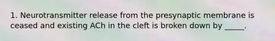 1. Neurotransmitter release from the presynaptic membrane is ceased and existing ACh in the cleft is broken down by _____.