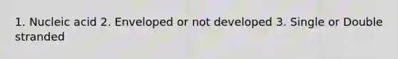1. Nucleic acid 2. Enveloped or not developed 3. Single or Double stranded