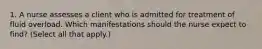 1. A nurse assesses a client who is admitted for treatment of fluid overload. Which manifestations should the nurse expect to find? (Select all that apply.)