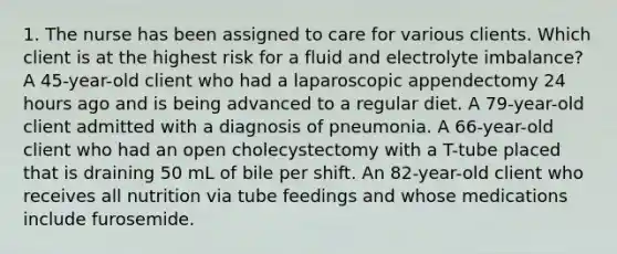 1. The nurse has been assigned to care for various clients. Which client is at the highest risk for a fluid and electrolyte imbalance? A 45-year-old client who had a laparoscopic appendectomy 24 hours ago and is being advanced to a regular diet. A 79-year-old client admitted with a diagnosis of pneumonia. A 66-year-old client who had an open cholecystectomy with a T-tube placed that is draining 50 mL of bile per shift. An 82-year-old client who receives all nutrition via tube feedings and whose medications include furosemide.