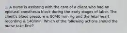 1. A nurse is assisting with the care of a client who had an epidural anesthesia block during the early stages of labor. The client's blood pressure is 80/40 mm Hg and the fetal heart recording is 140/min. Which of the following actions should the nurse take first?