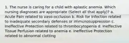 1. The nurse is caring for a child with aplastic anemia. Which nursing diagnoses are appropriate (Select all that apply)? a. Acute Pain related to vaso-occlusion b. Risk for Infection related to inadequate secondary defenses or immunosuppression c. Ineffective Protection related to thrombocytopenia d. Ineffective Tissue Perfusion related to anemia e. Ineffective Protection related to abnormal clotting