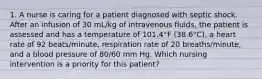 1. A nurse is caring for a patient diagnosed with septic shock. After an infusion of 30 mL/kg of intravenous fluids, the patient is assessed and has a temperature of 101.4°F (38.6°C), a heart rate of 92 beats/minute, respiration rate of 20 breaths/minute, and a blood pressure of 80/60 mm Hg. Which nursing intervention is a priority for this patient?