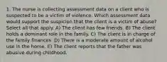 1. The nurse is collecting assessment data on a client who is suspected to be a victim of violence. Which assessment data would support the suspicion that the client is a victim of abuse? Select all that apply. A) The client has few friends. B) The client holds a dominant role in the family. C) The client is in charge of the family finances. D) There is a moderate amount of alcohol use in the home. E) The client reports that the father was abusive during childhood.