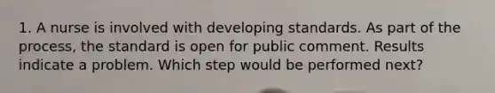 1. A nurse is involved with developing standards. As part of the process, the standard is open for public comment. Results indicate a problem. Which step would be performed next?