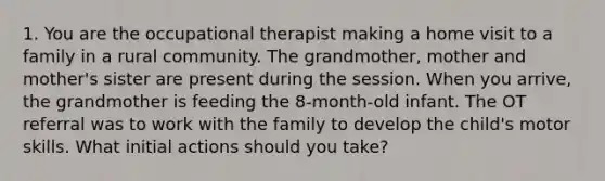 1. You are the occupational therapist making a home visit to a family in a rural community. The grandmother, mother and mother's sister are present during the session. When you arrive, the grandmother is feeding the 8-month-old infant. The OT referral was to work with the family to develop the child's motor skills. What initial actions should you take?