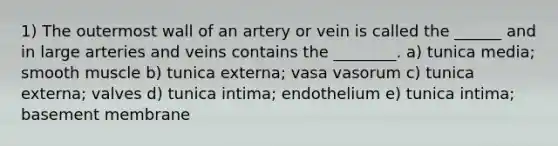 1) The outermost wall of an artery or vein is called the ______ and in large arteries and veins contains the ________. a) tunica media; smooth muscle b) tunica externa; vasa vasorum c) tunica externa; valves d) tunica intima; endothelium e) tunica intima; basement membrane