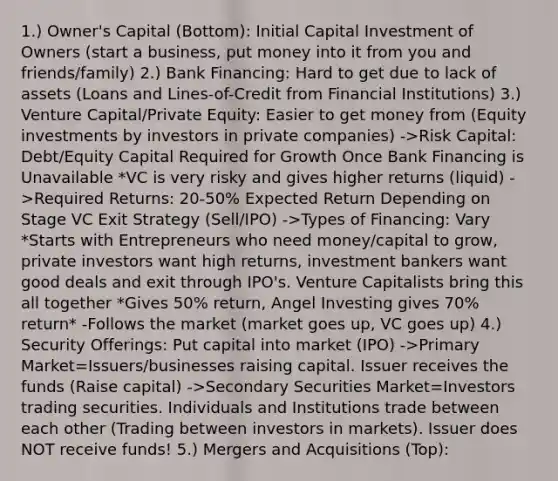 1.) Owner's Capital (Bottom): Initial Capital Investment of Owners (start a business, put money into it from you and friends/family) 2.) Bank Financing: Hard to get due to lack of assets (Loans and Lines-of-Credit from Financial Institutions) 3.) Venture Capital/Private Equity: Easier to get money from (Equity investments by investors in private companies) ->Risk Capital: Debt/Equity Capital Required for Growth Once Bank Financing is Unavailable *VC is very risky and gives higher returns (liquid) ->Required Returns: 20-50% Expected Return Depending on Stage VC Exit Strategy (Sell/IPO) ->Types of Financing: Vary *Starts with Entrepreneurs who need money/capital to grow, private investors want high returns, investment bankers want good deals and exit through IPO's. Venture Capitalists bring this all together *Gives 50% return, Angel Investing gives 70% return* -Follows the market (market goes up, VC goes up) 4.) Security Offerings: Put capital into market (IPO) ->Primary Market=Issuers/businesses raising capital. Issuer receives the funds (Raise capital) ->Secondary Securities Market=Investors trading securities. Individuals and Institutions trade between each other (Trading between investors in markets). Issuer does NOT receive funds! 5.) Mergers and Acquisitions (Top):