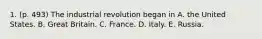 1. (p. 493) The industrial revolution began in A. the United States. B. Great Britain. C. France. D. Italy. E. Russia.